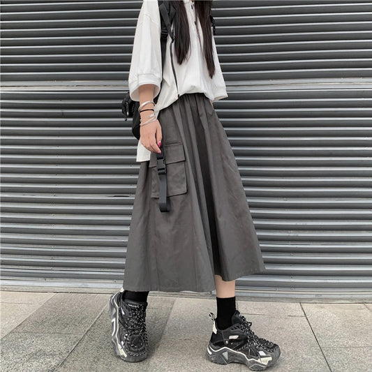 2023 Harajuku Gothic Cargo Skirts Hip Hop Y2K Women Streetwear Black High Waist A-line Skirt Casual Vintage Midi Skirt Female