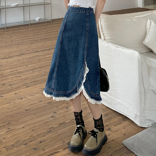 Harajuku Kawaii Long Skirt for Women Korean Style Casual Irregular Fork Denim Skirt Female Cute High Waist Lace Splicing Skirts