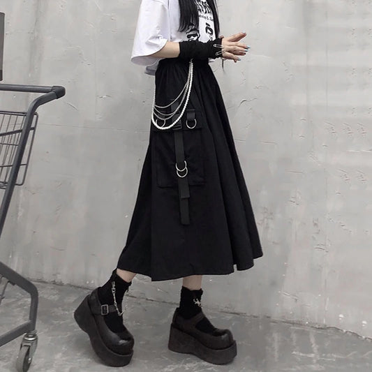 Woman Harajuku Loose Gothic High Waist Cargo Skirts A-line Pocket Midi Long Black Skirt Hip Hop Fashion Streetwear OverSized
